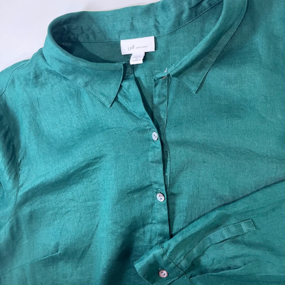 J Jill Love Linen Tunic Blouse Womens 2X Green Button Up Roll Tab Sleeve Coastal